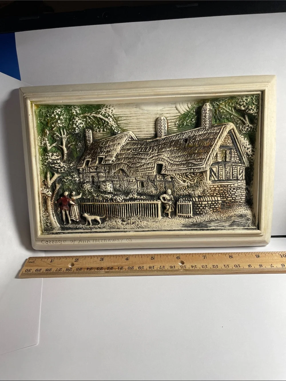Cottage Scene Relief Wall Plaque in Cream and Green